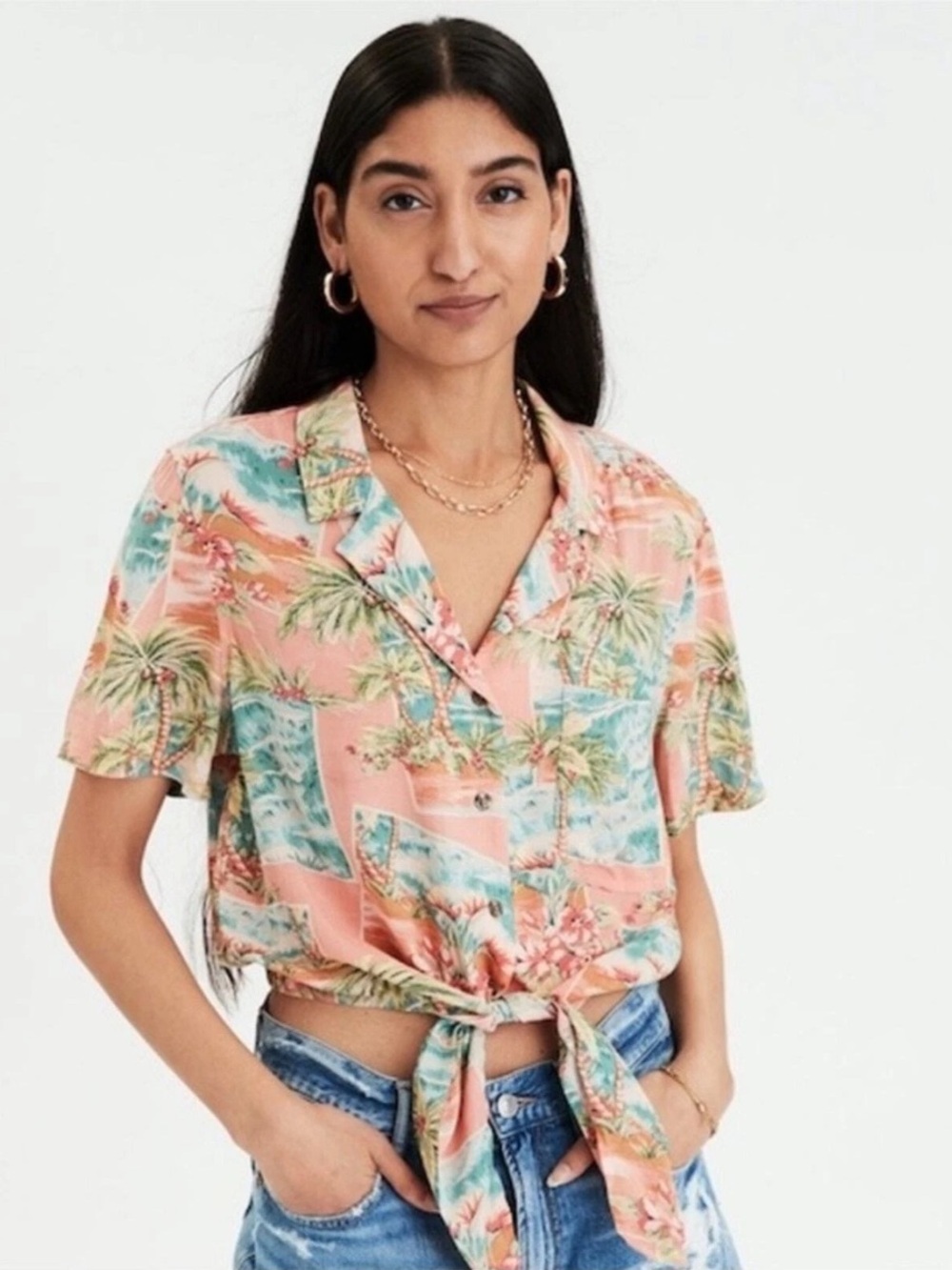 American Eagle Hawaiian Print Button Down Crop Top with Tie Front Top Size Large